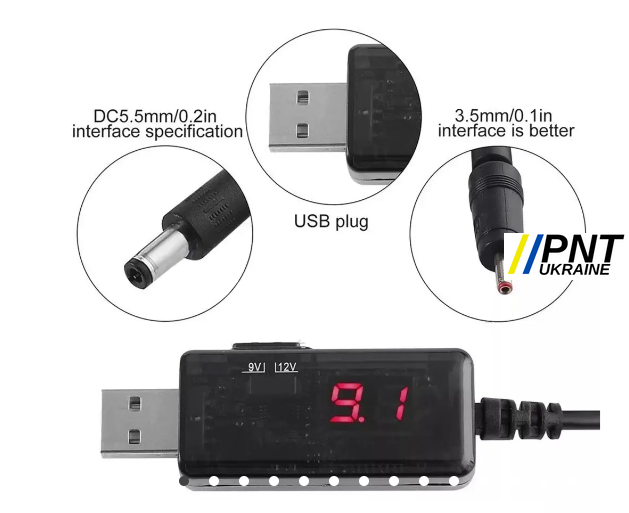 Кабель перетворювач USB-DC для 9V/12V з перемикачем, живлення від PowerBank, DC 5.5×2.1 з перехідником USBDC0912 фото