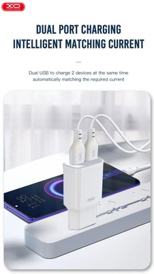 Мережевий зарядний пристрій:L75 EU 2.4A two USB charger, у комлекті разом із кабелем apple cable (NB103) XOL75USBA фото